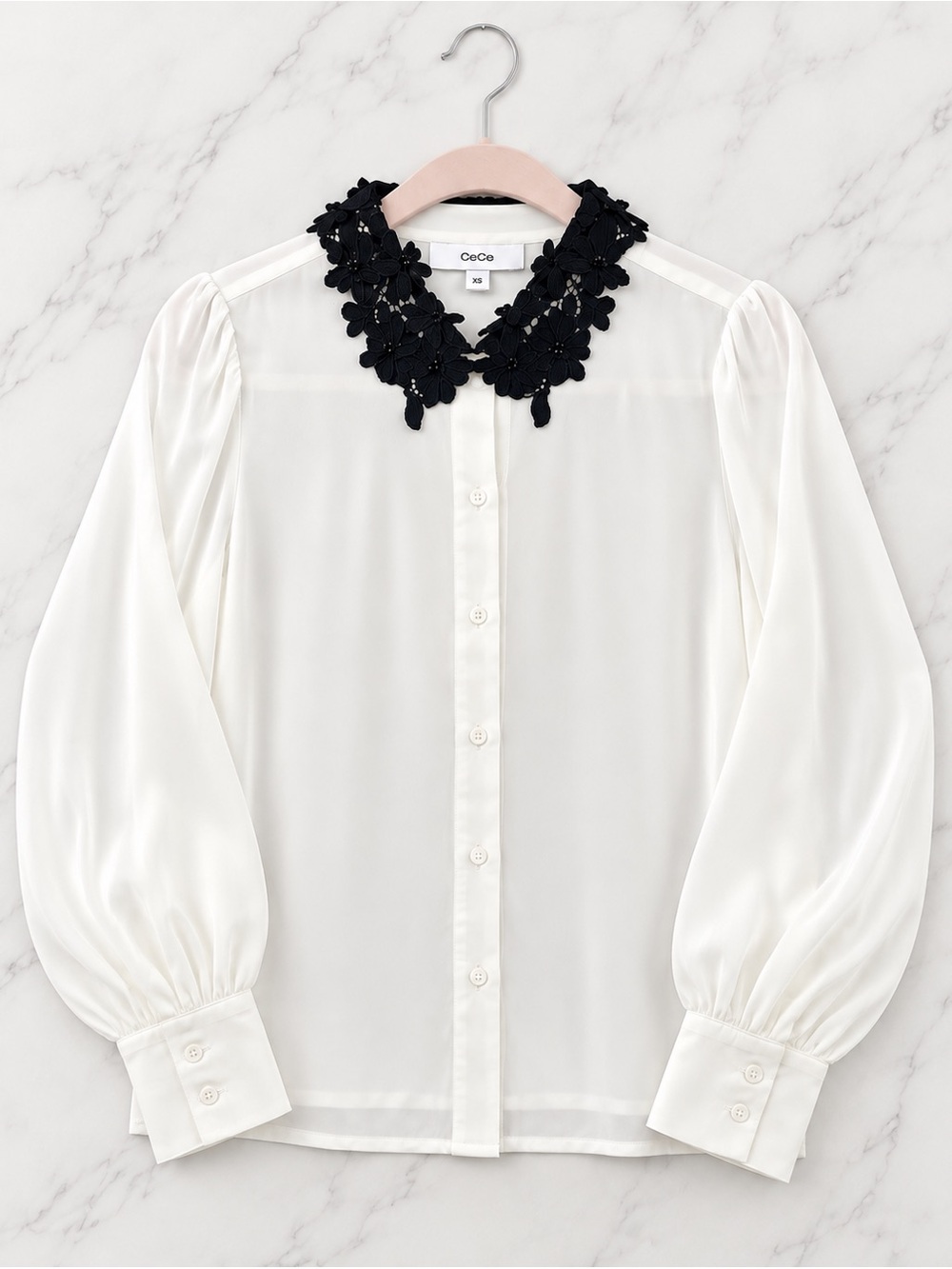 CeCe White Button-Front Blouse with Black Floral Collar